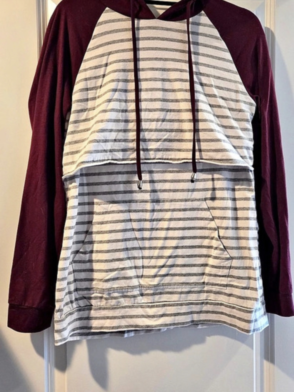 Striped Nursing Hoodie in Burgundy & Gray Size Medium